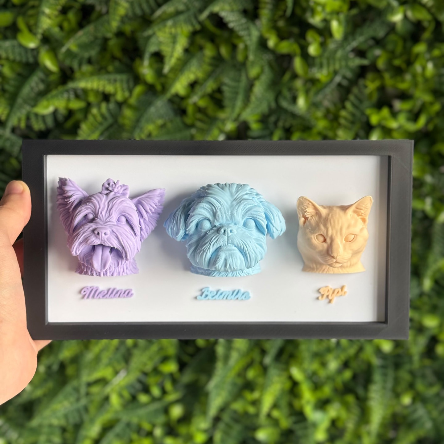 Quadrinho Triplo 3D: retratos em relevo de três cachorros com os nomes abaixo