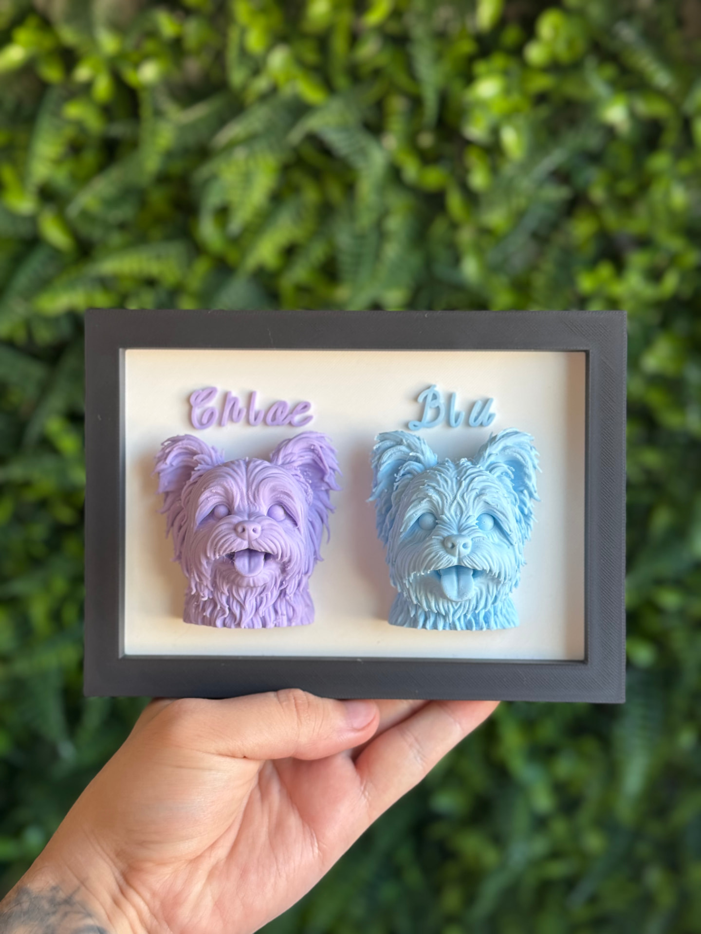 Quadrinho Duplo 3D: retratos em relevo de dois cachorros com os nomes acima