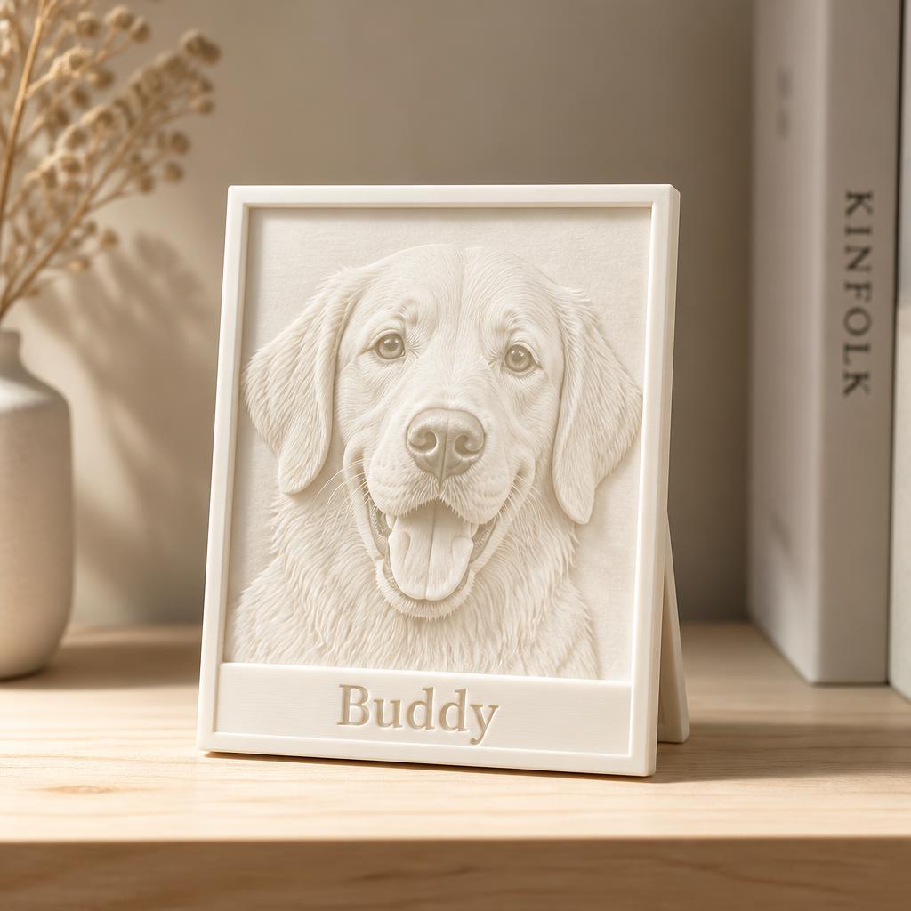 Quadrinho 3D — acabamento Branco. Quadrinho 3D: retrato em relevo de um cachorro com o nome na base